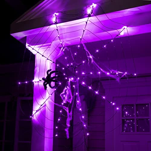 Lumini de păianjen de Halloween cu păianjen uriaș, impermeabil 80 LED -uri de păianjen lumini web pentru pridvor bara bântuită