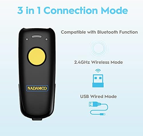 NADAMOO Scaner de coduri de bare wireless 2D compatibil cu Bluetooth, 2,4g conexiune wireless și USB Wired, scaner de cod de