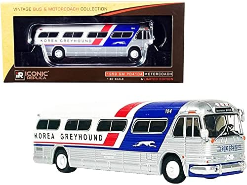 1959 GM PD4104 Motorcoach Bus Seul Coreea Greyhound Silver and White cu dungi roșii și albastre 1/87 Model de diecast prin