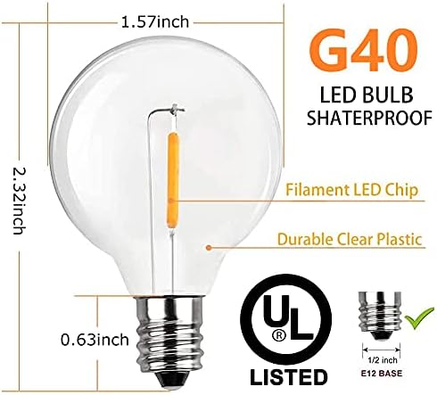 Abeja 50ft G40 LED-uri LED GLOBE Lights, lumini cu coarde de terasă în aer liber cu 50+2 becuri rezistente la spargere+25 pachet