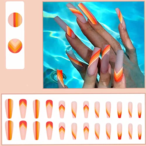 Kamize extra lung fals sicriu cuie portocaliu presa pe unghii mată acrilice cuie Full Cover unghii False pentru femei și Fete24pcs