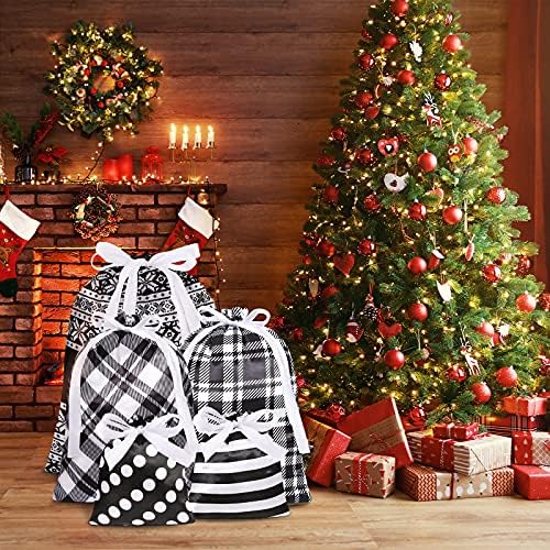 Ruisita 9 bucăți Pungi cadou din țesătură de Crăciun cu șnur alb-negru pungi cadou din Satin reutilizabile de 3 dimensiuni