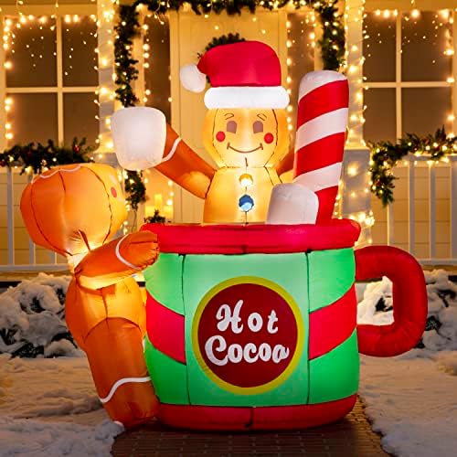 JOIEDOMI 6 ft Gonflabile de Crăciun Decorații în aer liber, Gonflabil Gingerbread Man în cană de cacao fierbinte cu LED-uri