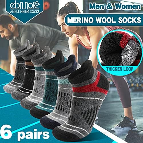Ebmore 6 perechi de lână merino gleznă de drumeție șosete de rulare Suport compresie pernă groasă fără șosete pentru bărbați