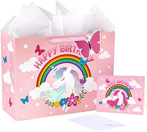 LeZakaa geantă cadou de ziua de naștere cu hârtie absorbantă, etichetă cadou arc și felicitare, geantă mare cadou roz de 16