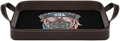 Bull Dog America Flag Flag piele decorativă tavă personalizată de depozitare a tăvii cu mânere pentru hotelul de acasă