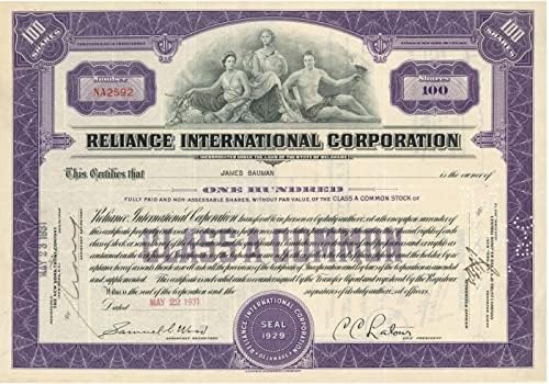 Reliance International Corporation-Certificat De Acțiuni