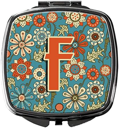 Caroline ' s Treasures Cj2012-FSCM scrisoare F flori Retro albastru oglindă compactă, oglindă decorativă de machiaj de călătorie