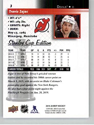 2019-20 Upper Deck MVP Stanley Cup Ediție 20 de ani de la aniversare Scriptul de argint 3 Travis Zajac New Jersey Devils NHL