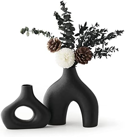 Set de vază ceramică neagră Awnr de 2 pentru decor pentru casă vază de flori moderne rotunde Vase goale pentru pampas iarbă