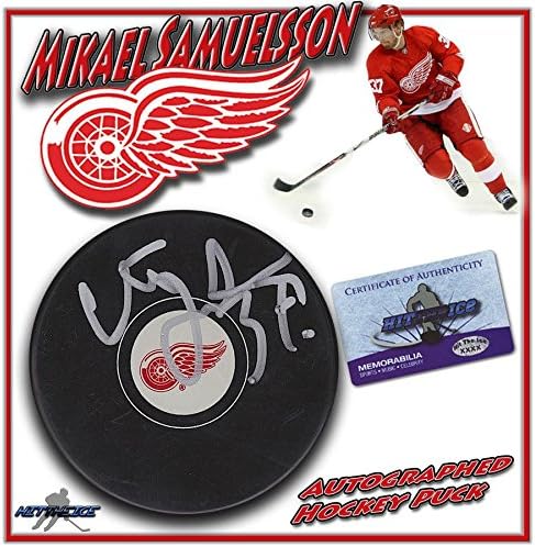 MIKAEL SAMUELSSON a semnat pucul DETROIT RED WINGS cu pucurile NHL autografate de COA