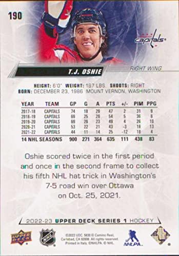2022-23 Punctul superior 190 T.J. Oshie Washington Capitals Series 1 Card de tranzacționare Hockey NHL