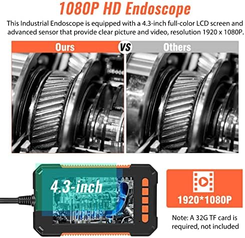 Endoscop Industrial, 8mm 1080p HD cameră digitală de inspecție Borescope cu ecran LCD de 4,3 Inch IP67 cameră impermeabilă cu 8 lumini LED, Cablu de 16,5 FT