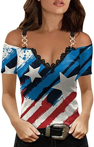 Hoxine Womens Sexy Off Umoluri Topuri de modă Metal cu Tunică V Tunică V gât 4 iulie tricouri cu steag american tricouri print