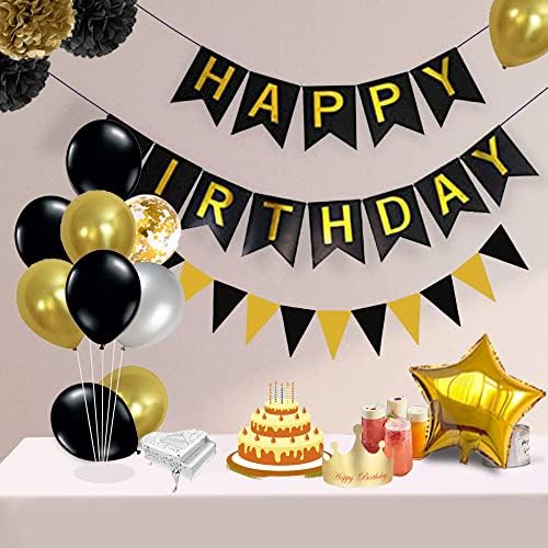 Yujiaonly 10 Decorațiuni de ziua de naștere Balloane, Banner Birthday Happy Birthday/Pom Pom Pom Flowers/Gold Mylar Balloons/Balloane