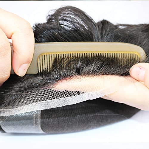 Eversilky natural Hairline Toupee dantelă franceză cu Pu păr uman peruca sistem Mens micro noduri capilare proteze Hairpiece unitate, 7x9)