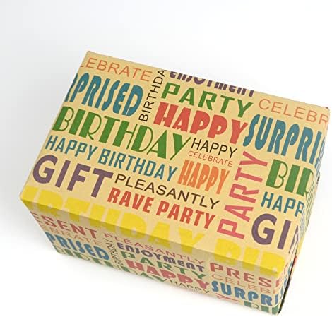 LDGOOAEL Flat Kraft Birthday wrapping Paper Sheets - 8 foi pliate cu imprimare multicoloră a literelor pe kraft maro, hârtie de ambalat cadou pentru ziua de naștere