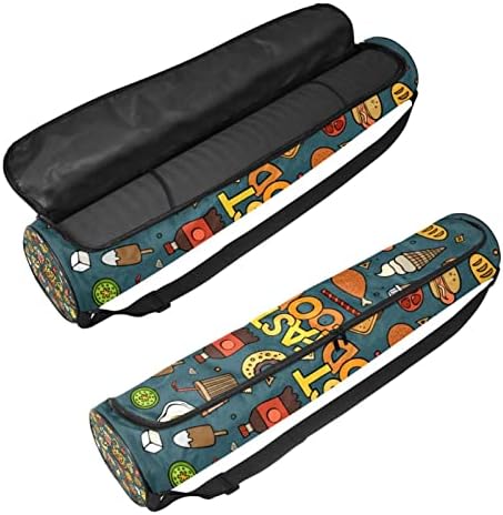 Yoga Mat Bag, colorat desen animat Fast-Food Tema exercițiu Yoga mat Carrier Full-Zip Yoga Mat Carry Bag cu curea reglabilă pentru femei bărbați